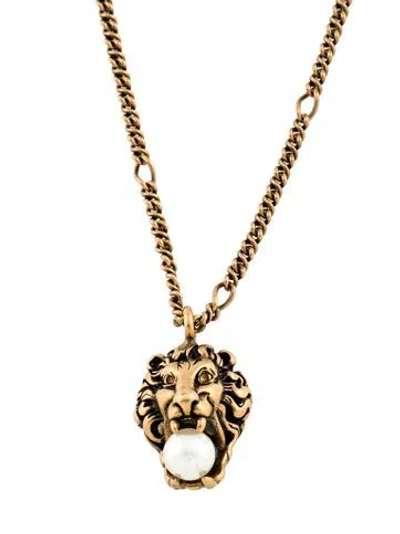 Pre-owned Gucci Faux Pearl Lion Head Pendant Necklace, 23" In White