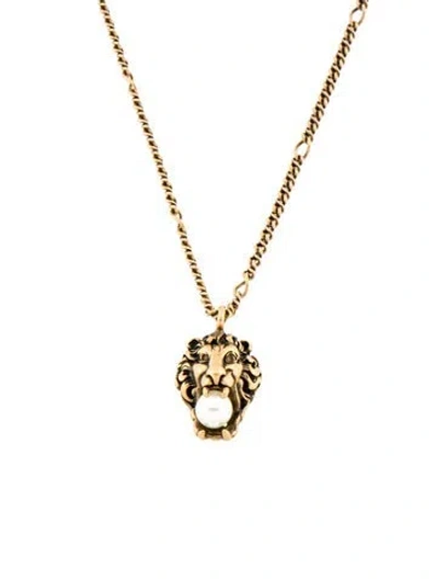 Pre-owned Gucci Faux Pearl Lion Head Pendant Necklace, 23.75" In White