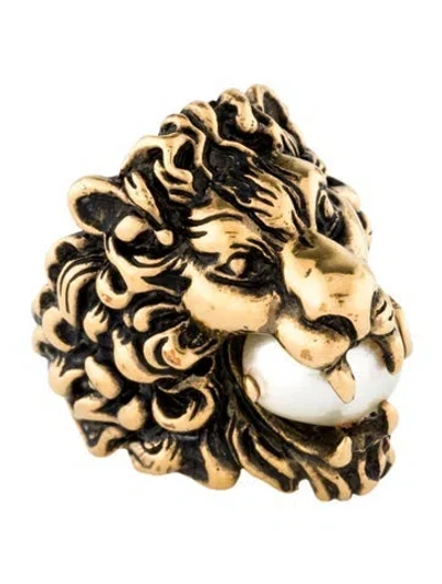Pre-owned Gucci Faux Pearl Lion Head Ring In Multi