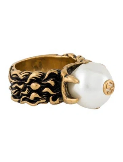 Pre-owned Gucci Faux Pearl Logo Cocktail Ring In Multi