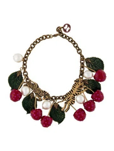 Pre-owned Gucci Faux Pearl, Resin, Enamel & Crystal Cherry Tiger Collar Necklace, 16" In Multi