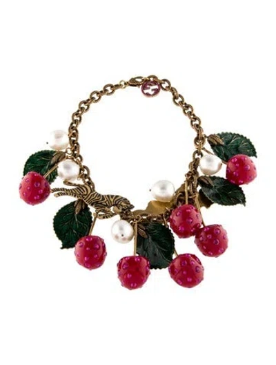 Pre-owned Gucci Faux Pearl, Resin, Enamel & Crystal Cherry Tiger Collar Necklace, 16.5" In Multi