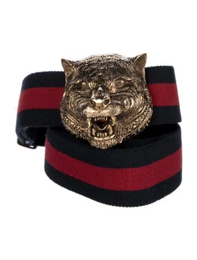 Pre-owned Gucci Feline Head Accent Canvas Belt In Blue