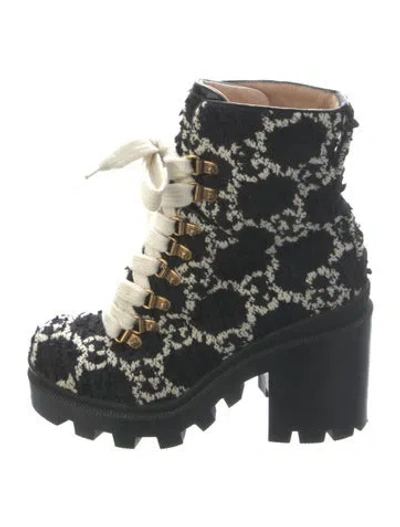Pre-owned Gucci Feline Head Accent Graphic Print Lace-up Boots In Black