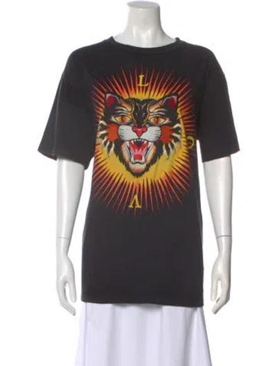 Pre-owned Gucci Feline Head Accent Graphic Print T-shirt In Black