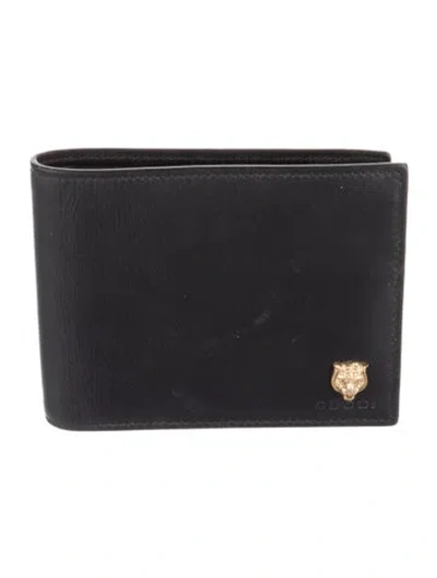 Pre-owned Gucci Feline Head Accent Leather Bifold Wallet In Black