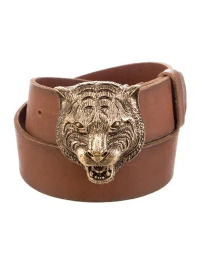 Pre-owned Gucci Feline Head Accent Leather Waist Belt In Brown