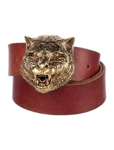 Pre-owned Gucci Feline Head Accent Leather Waist Belt In Red