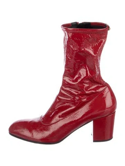 Pre-owned Gucci Feline Head Accent Patent Leather Boots In Red