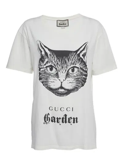 Pre-owned Gucci Feline-print Crew-neck T-shirt In White