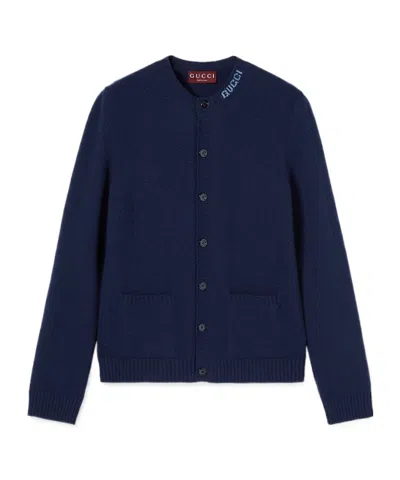 Gucci Felted Wool Knit Cardigan With Intarsia In Blue