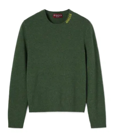 Gucci Felted Wool Knit Sweater With Intarsia In Green