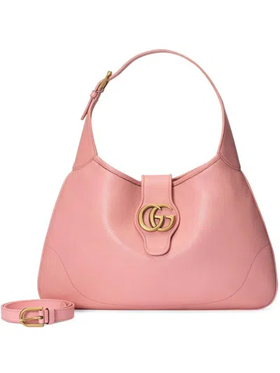 Gucci Aphrodite Pink Raffia Medium Shoulder Handbag With Suede Leather Top Handle