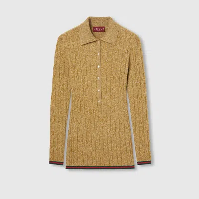 Gucci Fine Cable And Rib Wool Polo Top In Brown