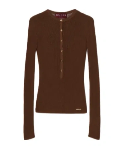 Gucci Fine Cotton Rib Cardigan In Brown