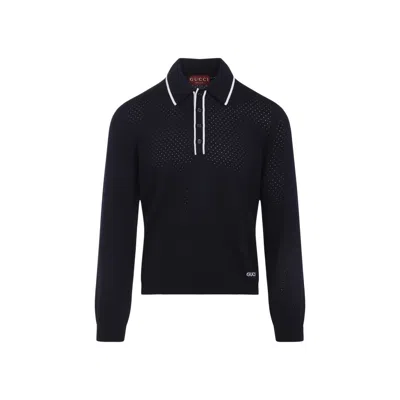 Gucci Fine Knit Long-sleeve Polo Shirt In Blue