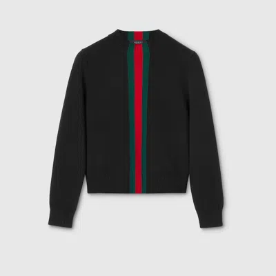 Gucci Fine Knit Wool Sweater With Web In Black
