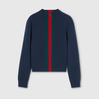 Gucci Fine Knit Wool Sweater With Web In Blue