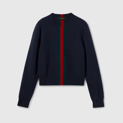 Gucci Fine Knit Wool Sweater With Web In Blue