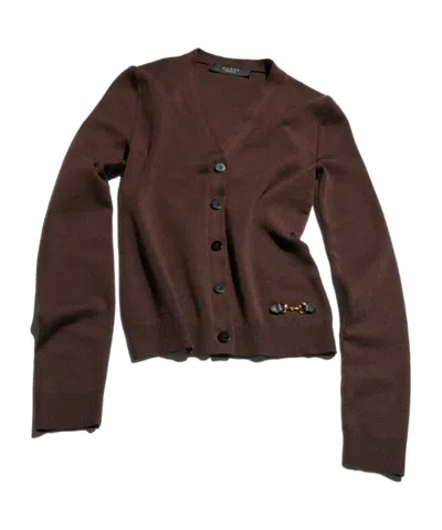 Gucci Fine Rib Knit Wool Cardigan With Horsebit In Brown