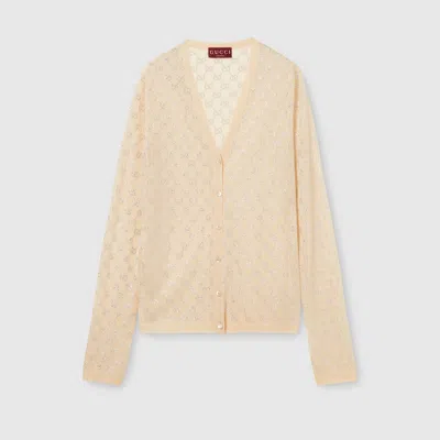 Gucci Fine Silk Cardigan With Gg Crystals In Neutral