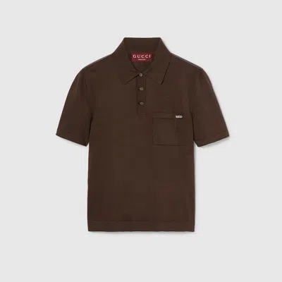 Gucci Fine Silk Knit Polo Top With Intarsia In Brown