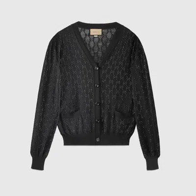 Gucci Fine Wool Gg Crystal Cardigan In Black