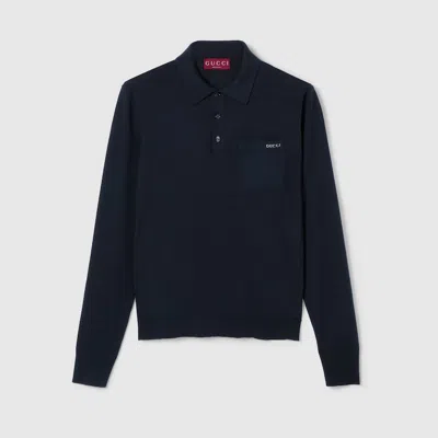 Gucci Fine Wool Knit Polo Top With Intarsia In Black