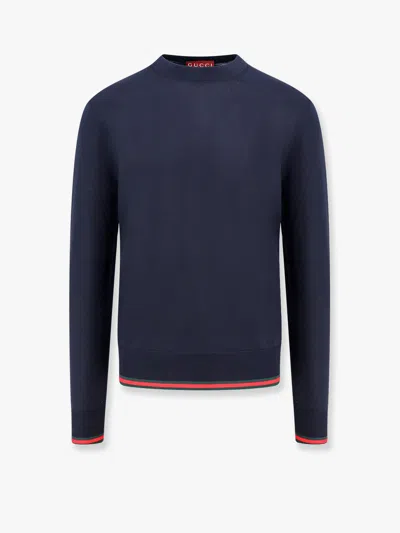 Gucci Fine Wool Sweater With Web Motif In Blue