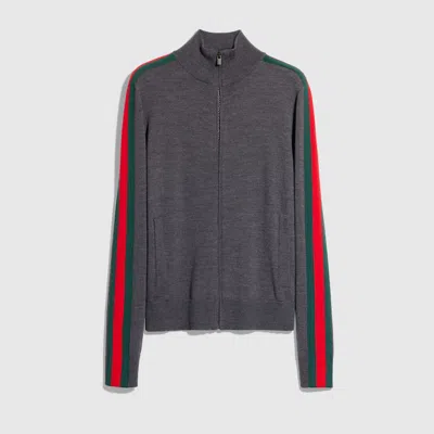 Gucci Fine Wool Zip Jacket With Web In Grey