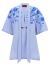 Gucci Midi Dress With Floral Embroidery And V-neckline In Baby Blue/mix