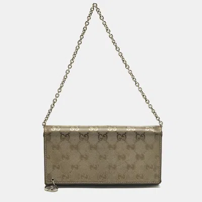 Pre-owned Gucci Flap Metallic Gg Imprime Canvas Wallet On Chain In Silver