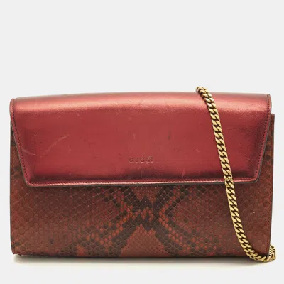 Pre-owned Gucci Flap Red/brown Leather And Python Chain Clutch