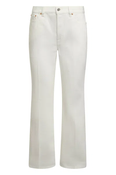Gucci Flared Trousers With Back Leather Logo Tag In White
