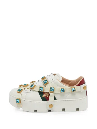 Pre-owned Gucci Flashtrek Crystal-embellished Low-top Sneakers In White