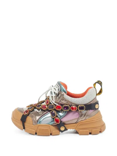 Pre-owned Gucci Flashtrek Crystal-embellished Sneakers In Gold