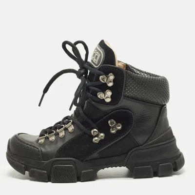 Pre-owned Gucci Flashtrek Size 35 Black Leather Suede Ankle Length Boots