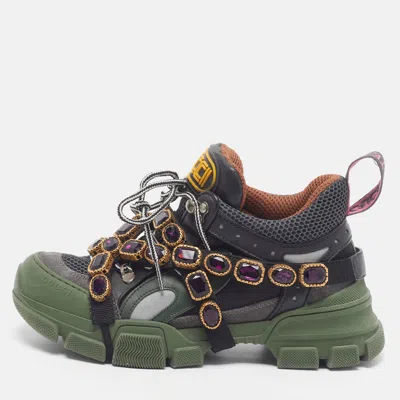 Pre-owned Gucci Flashtrek Size 37 Black Leather And Mesh Rhinestones Lace Up Sneakers