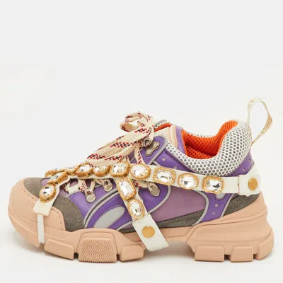 Pre-owned Gucci Flashtrek Size 37.5 Multicolor Mesh And Leather Removable Crystals Sneakers