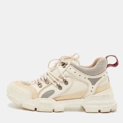 Pre-owned Gucci Flashtrek Size 40 White/beige Leather Mesh And Suede Lace Up Sneakers