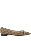 Gucci Horsebit Gg Canvas Pointed-toe Flats In Ebony/cocoa
