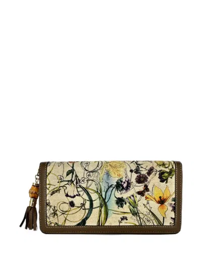 Pre-owned Gucci Flora Bamboo Tassel Wallet In Neutrals