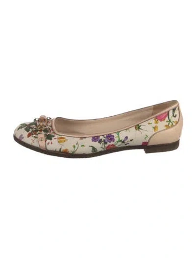 Pre-owned Gucci Flora Print Canvas Flats In White