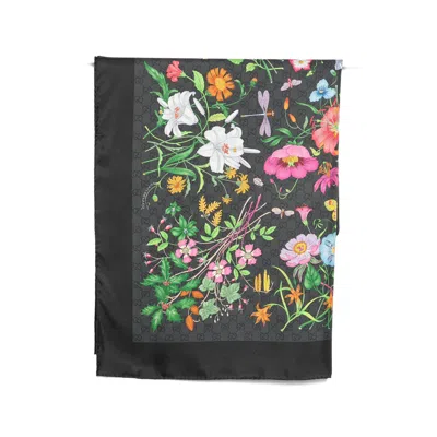 Gucci Flora Print Gg Supreme Scarf In Black