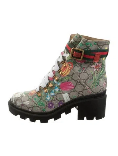 Pre-owned Gucci Flora Print Lace-up Boots In Brown
