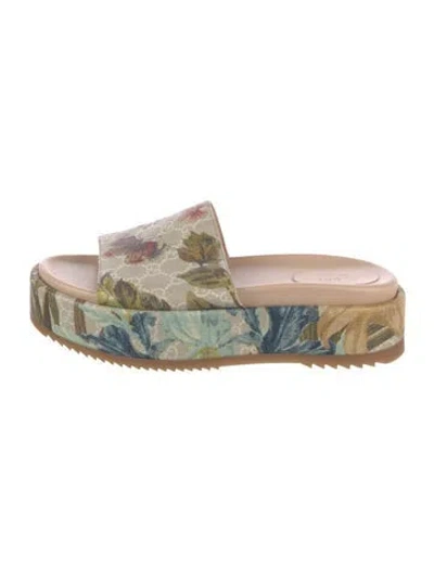 Pre-owned Gucci Flora Print Leather Slides In Green