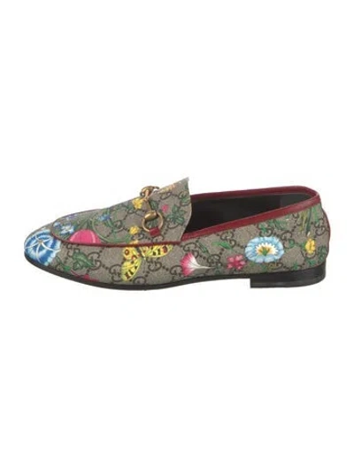 Pre-owned Gucci Flora Print Leather Trim Embellishment Loafers In Neutral