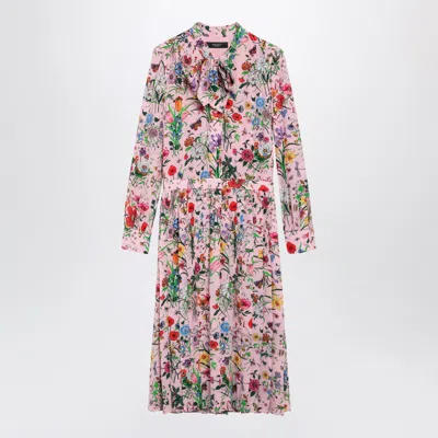 Gucci Flora Print Silk Shirt Dress In Pink Multicolor