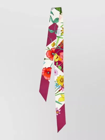 Gucci Flora Print Silk Twill Slim Ribbon In Gray