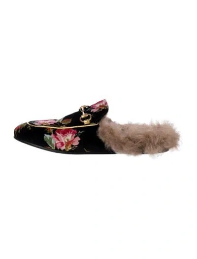 Pre-owned Gucci Flora Print Velvet Mules In Black